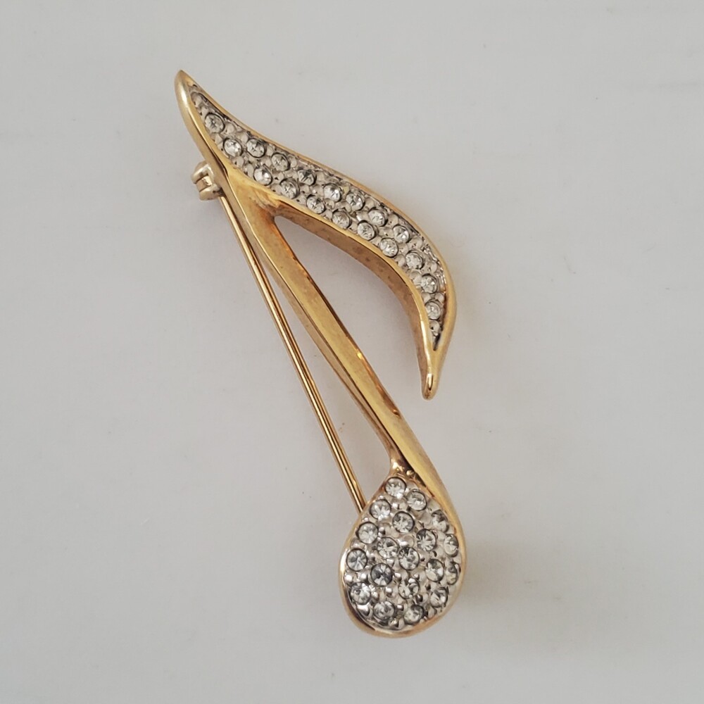 Elegant Gold Tone Rhinestone Music Note Brooch Pin Fashion Jewelry Gift